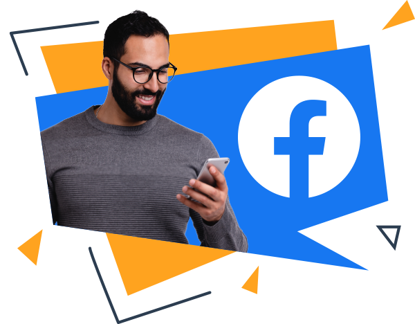 image with a man checking his phone and the Facebook logo