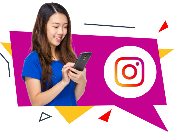 image of a girl on her phone with the Instagram logo in the bacakground