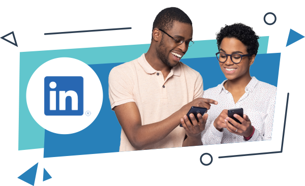 Image of a couple on there phones with the LinkedIn logo in the background