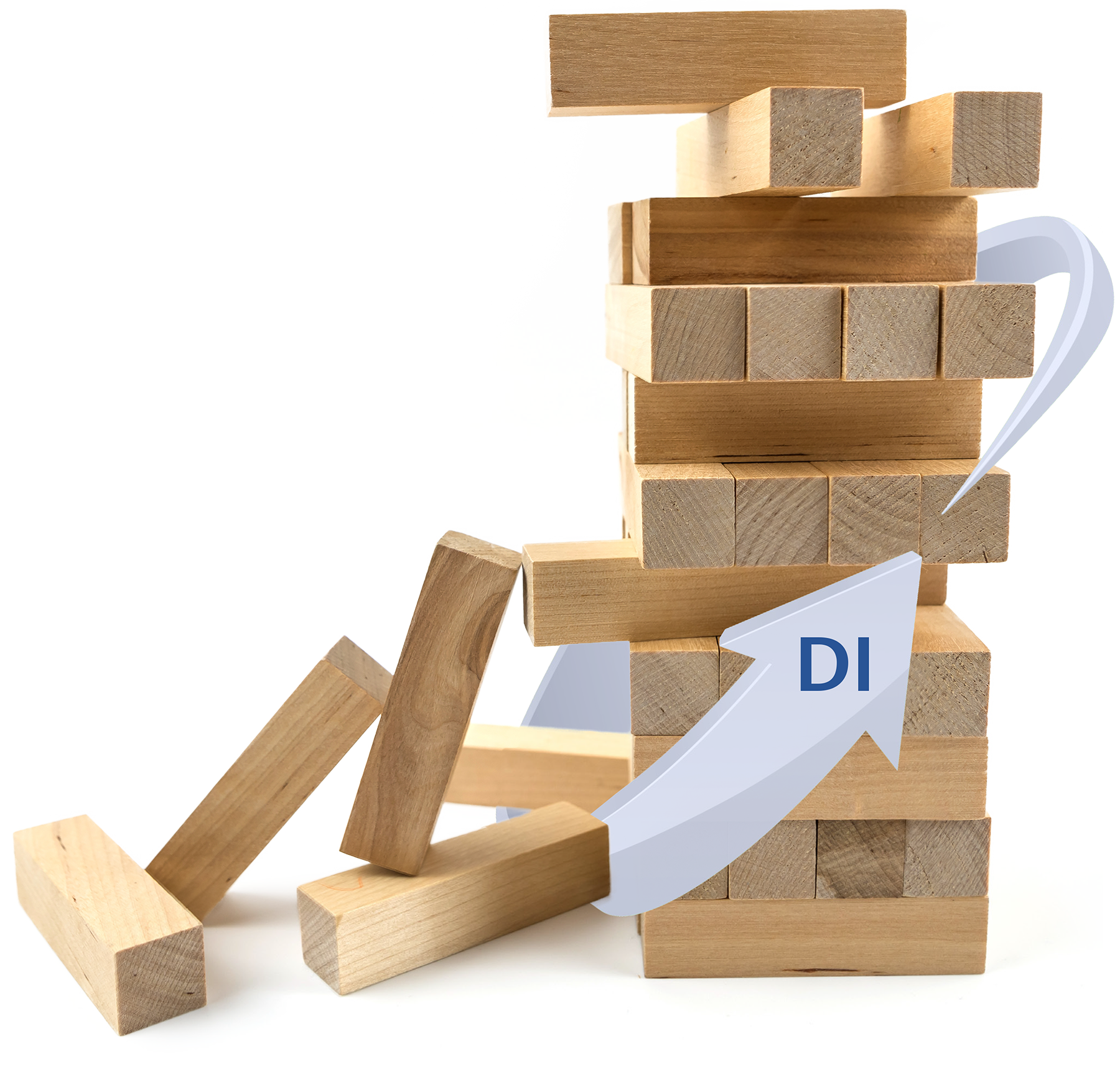 tower of wooden blocks wrapped by a blue arrow with the letter DI on it